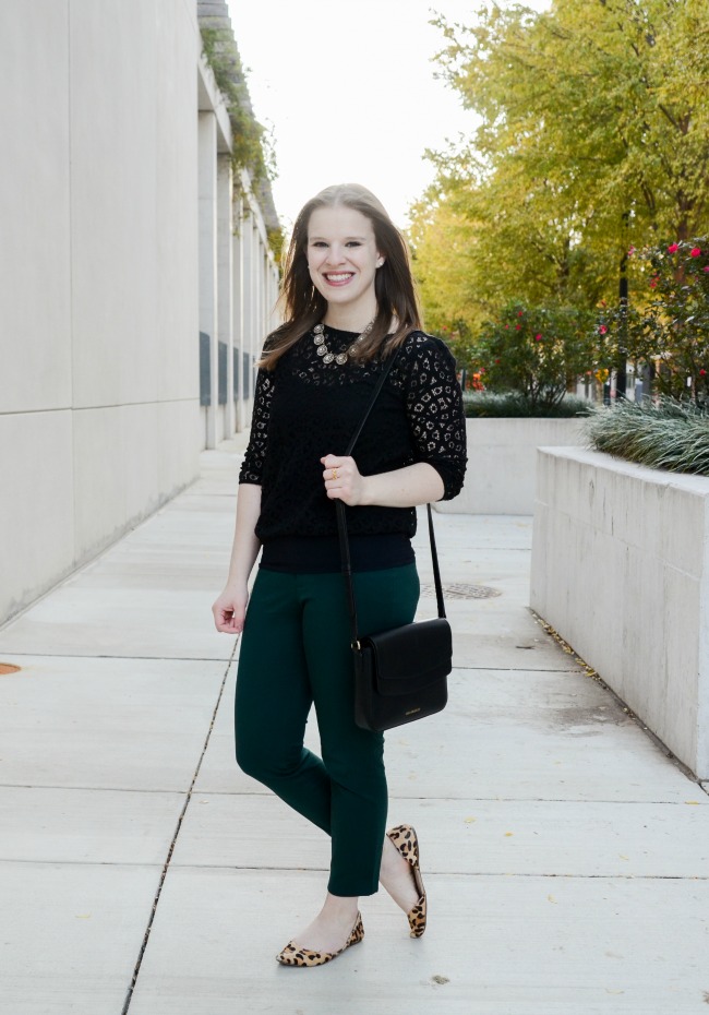 woman blogger wearing long sleeve lace top with leopard print flats