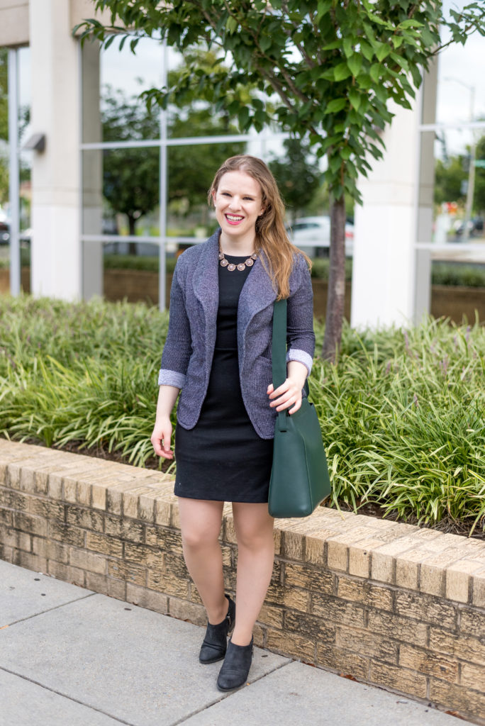 woman blogger wearing Old Navy ponte knit sheath dress under knit blazer