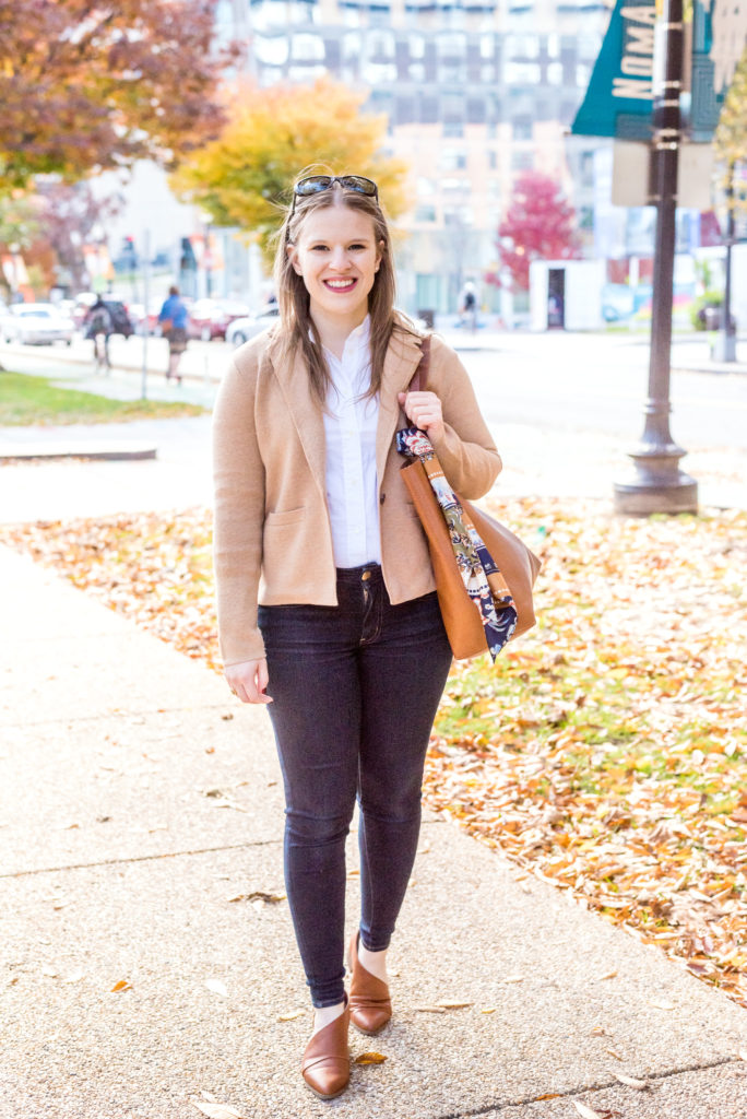 woman blogger wearing J.Crew Margot cropped sweater-blazer