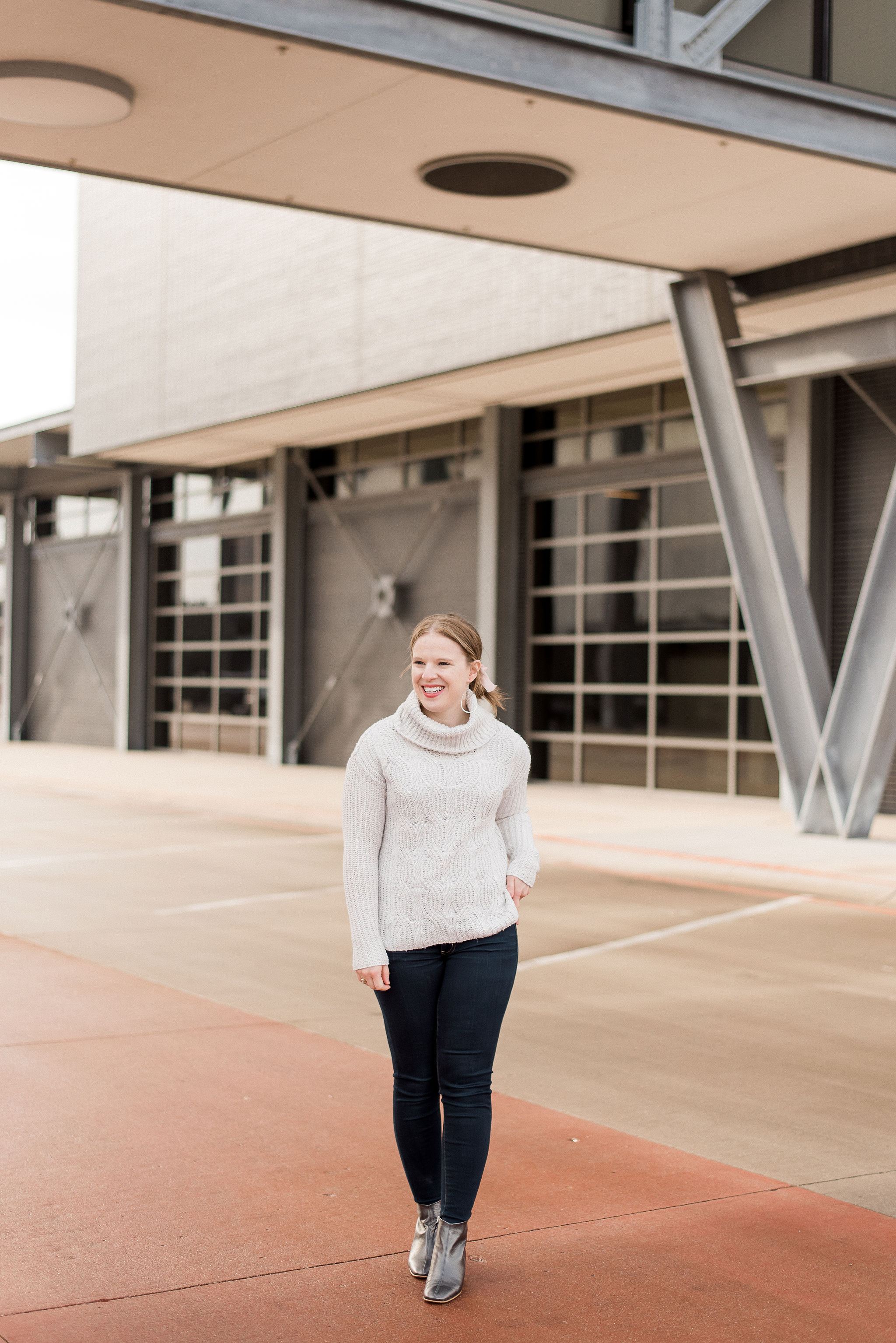 woman blogger wearing cowl neck sweater