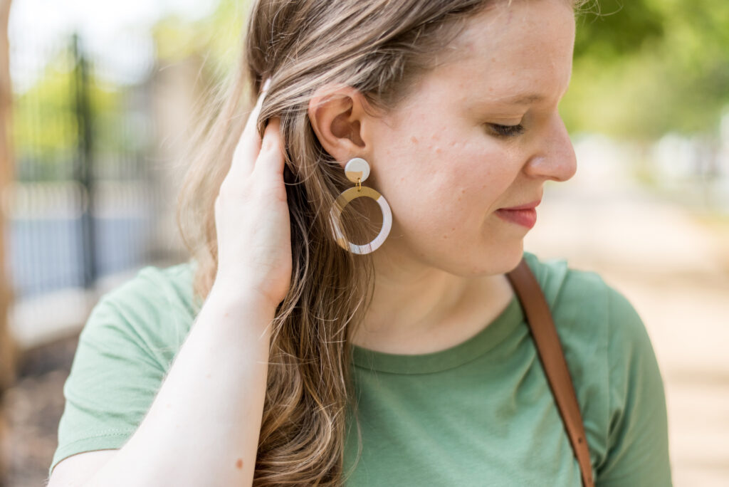 woman blogger wearing green t-shirt dress