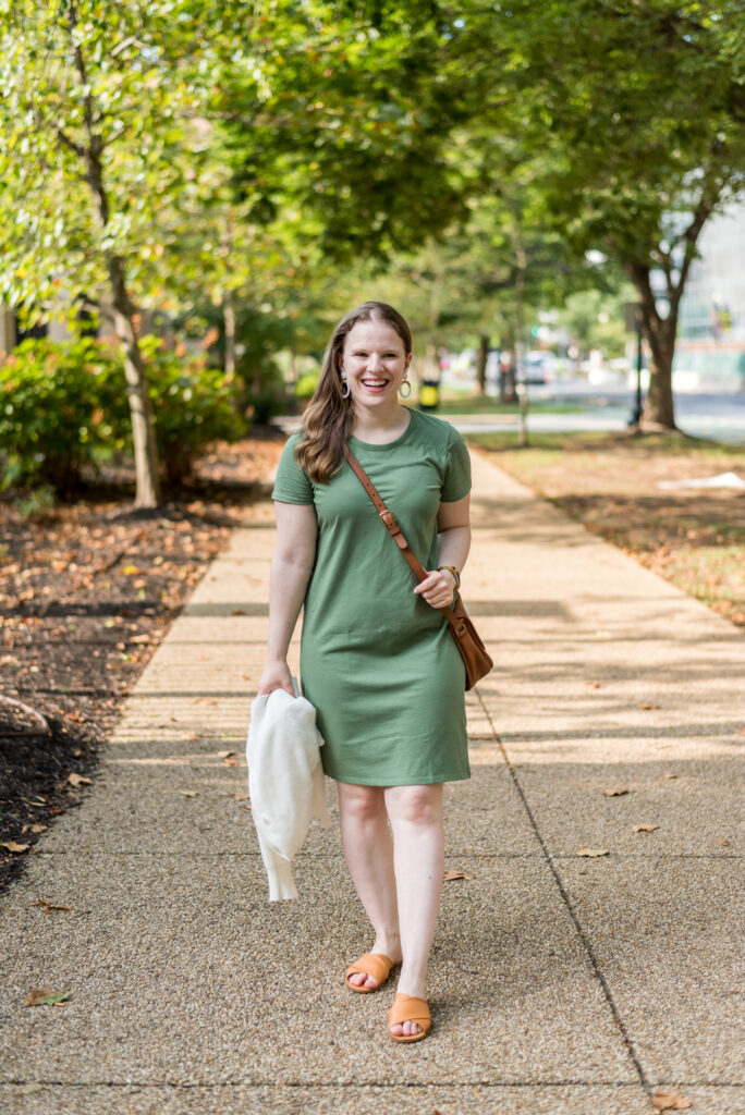 woman blogger wearing J. Crew green t-shirt dress