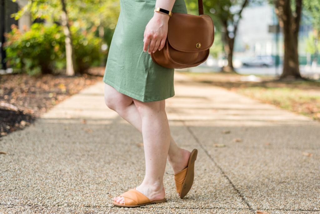woman blogger wearing Everlane Freedom Moses Sandals with dress