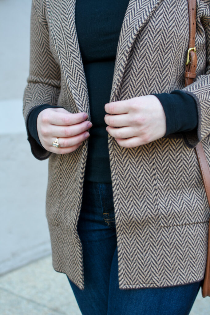 woman blogger wearing J.Crew Sweater Blazer in Chevron