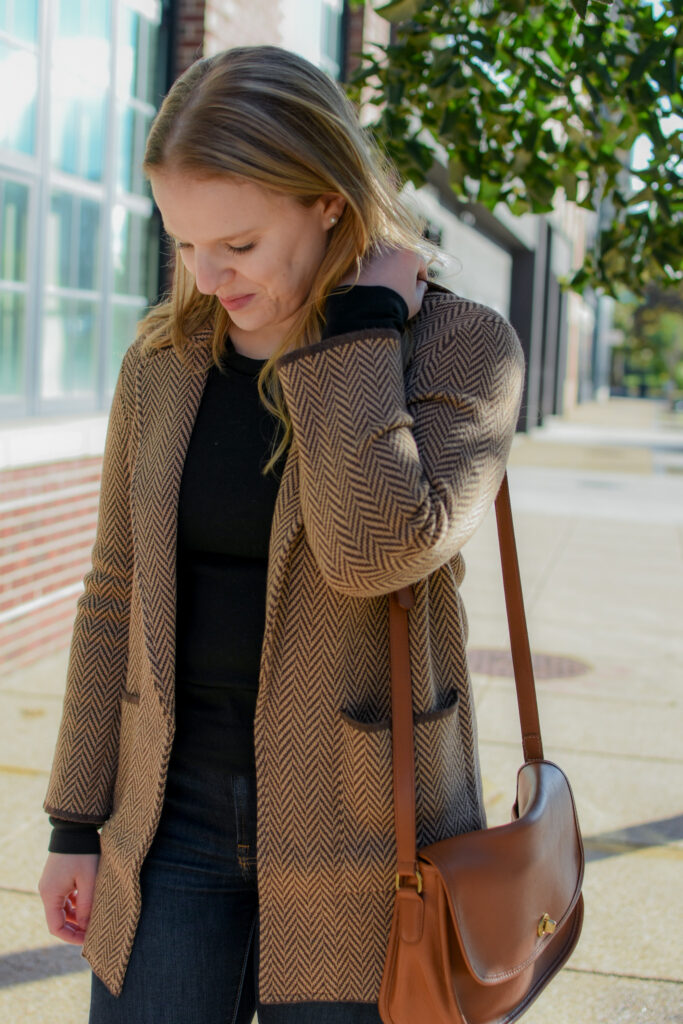 woman blogger wearing J.Crew Sweater Blazer with Coach Classic City Bag