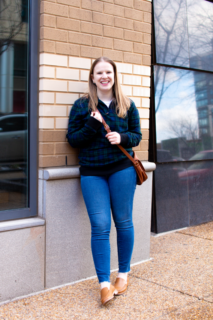 woman blogger wearing Ralph Lauren Pullover and Everlane loafers & denim for The Lost Apothecary