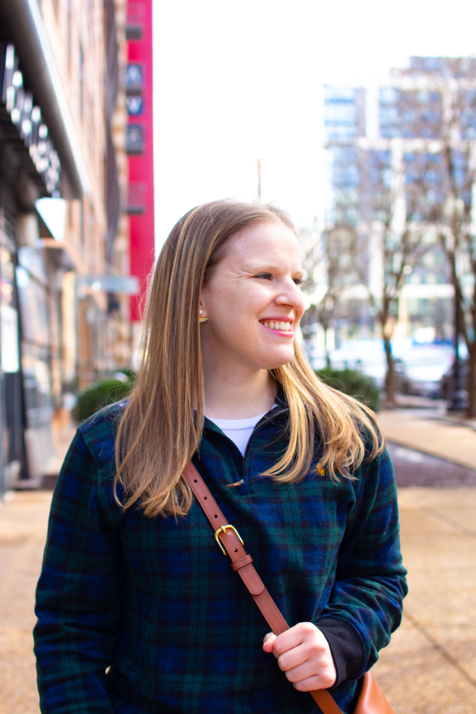 closeup of woman blogger wearing plaid Ralph Lauren  Pullover