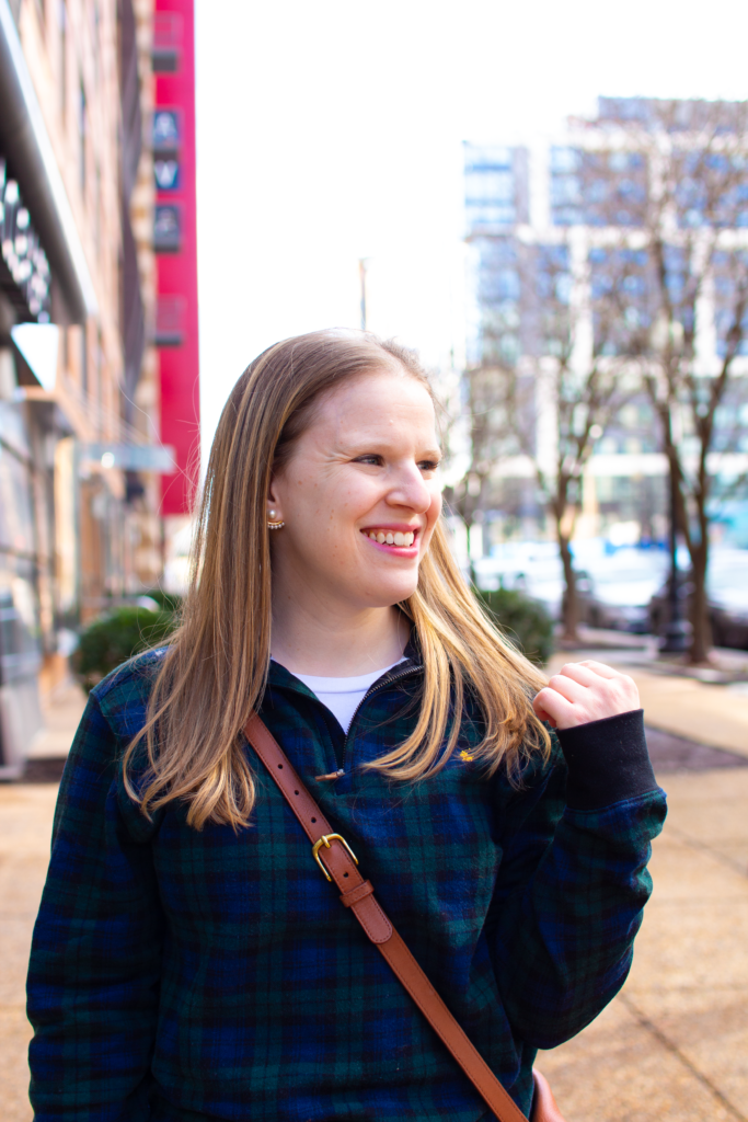 closeup of woman blogger wearing plaid Ralph Lauren pullover for The Lost Apothecary