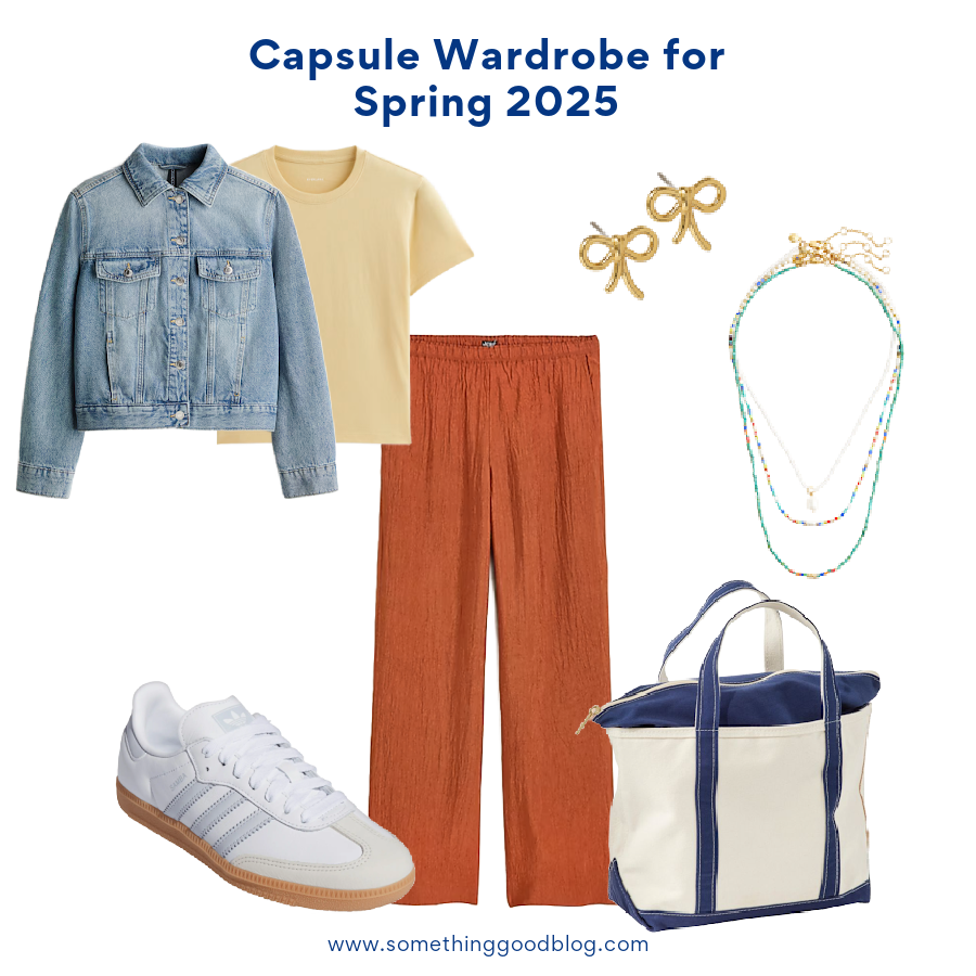 Summer Capsule Wardrobe 2025: Essentials You Need | Style Blog, @danaerinw, H&M DENIM JACKET, Everlane The Box-Cut Tee in Essential Cotton, J.Crew Stratus pant in textured satin, ADIDAS Samba OG Sneaker, Lands End Boat and Tote, Zip-Top, Madewell Metal Mini Bow Stud Earrings, J.Crew Beaded necklaces set-of-three,