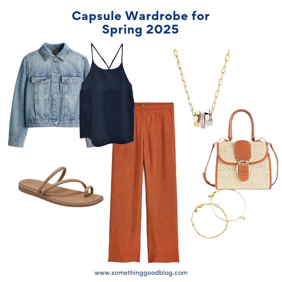 Summer Capsule Wardrobe 2025: Essentials You Need | Style Blog, @danaerinw, H&M DENIM JACKET, Uniqlo Crepe Jersey Bra Camisole, J.Crew Stratus pant in textured satin, Crocs Miami Toe Loop Sandal, Raffia Straw Woven Crossbody Bag, Ana Luisa Charm Necklace - Tyler, Madewell Two-Pack Freshwater Pearl Figaro Bracelet Set,