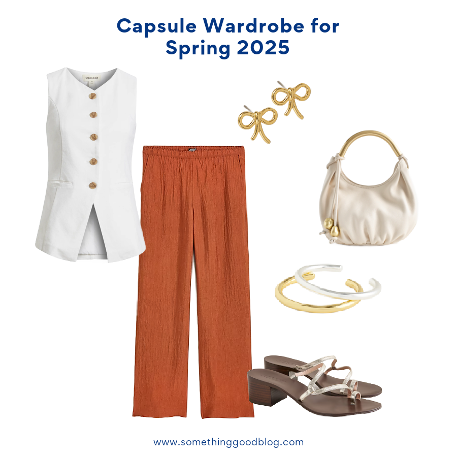 Summer Capsule Wardrobe 2025: Essentials You Need | Style Blog, @danaerinw, OPEN EDIT, Nordstrom Linen Blend Vest, J.Crew Stratus pant in textured satin, J.Crew Toe-ring block-heel sandals in metallic leather, Madewell The Camren Mini Bag, Madewell Metal Mini Bow Stud Earrings, Madewell Two-Pack Mixed-Metal Cuff Bracelet Set,