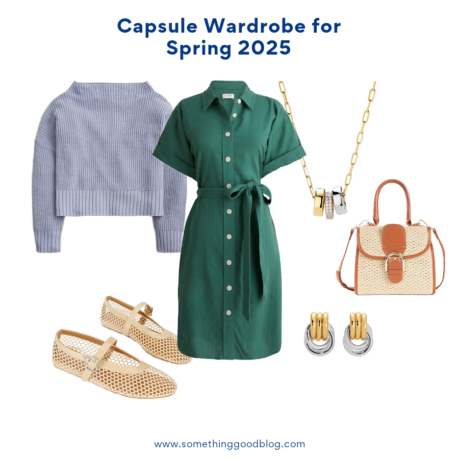 Summer Capsule Wardrobe 2025: Essentials You Need | Style Blog, @danaerinw, J.Crew Ribbed funnelneck sweater in linen-cotton blend, J.Crew Factory Linen-blend belted mini shirtdress, Mary Jane Mesh Ballet Flats, Raffia Straw Woven Crossbody Bag, Haven Mayhem Baby Knot Mixed, Ana Luisa Charm Necklace - Tyler,