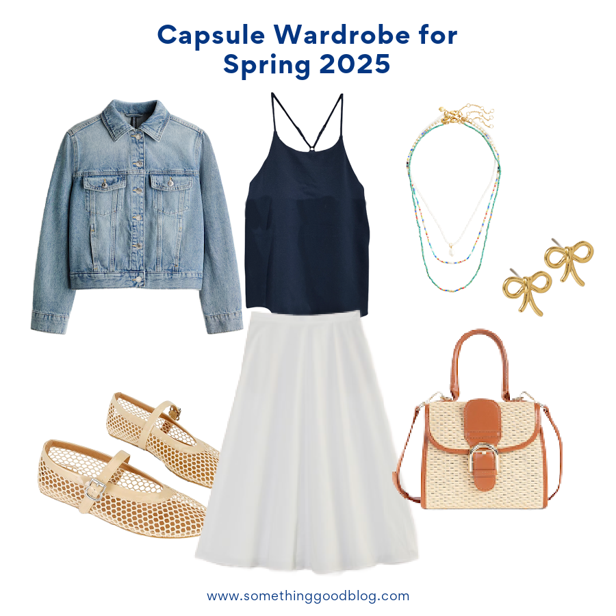 Summer Capsule Wardrobe 2025: Essentials You Need | Style Blog, @danaerinw, H&M DENIM JACKET, Uniqlo Crepe Jersey Bra Camisole, Gap Poplin Maxi Skirt, Mary Jane Mesh Ballet Flats, Raffia Straw Woven Crossbody Bag, Madewell Metal Mini Bow Stud Earrings, J.Crew Beaded necklaces set-of-three,