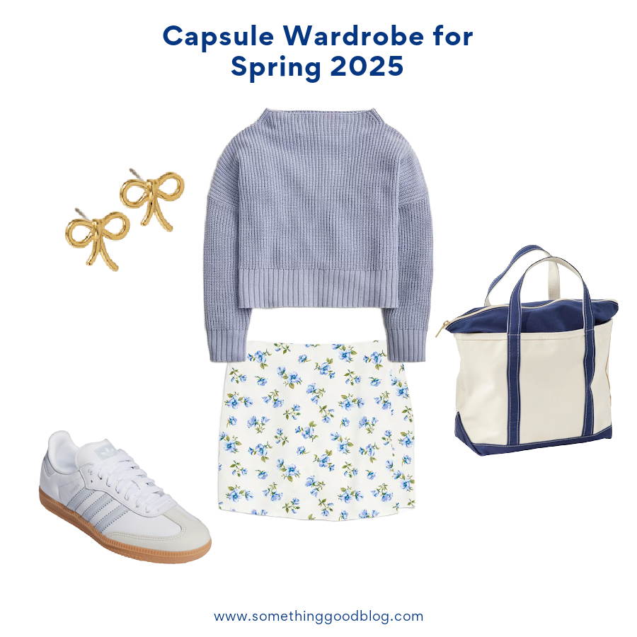 Summer Capsule Wardrobe 2025: Essentials You Need | Style Blog, @danaerinw, J.Crew Ribbed funnelneck sweater in linen-cotton blend, Old Navy High-Waisted Linen-Blend Mini Skort, ADIDAS Samba OG Sneaker, Lands End Boat and Tote, Zip-Top, Madewell Metal Mini Bow Stud Earrings,