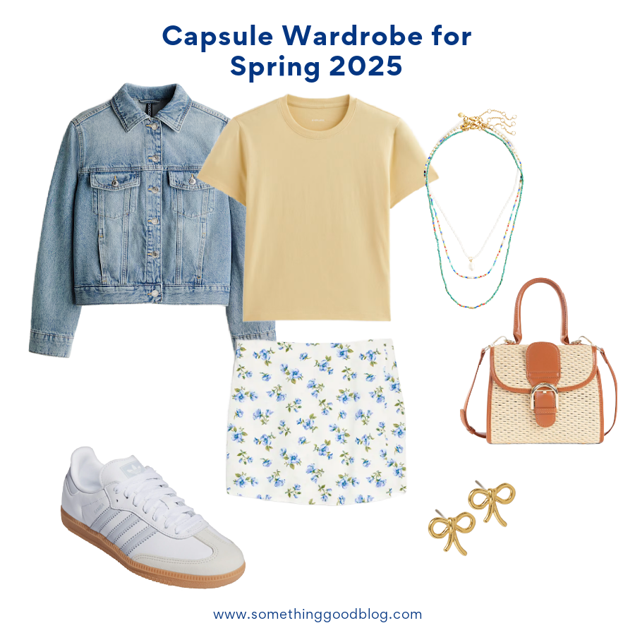 Summer Capsule Wardrobe 2025: Essentials You Need | Style Blog, @danaerinw, H&M DENIM JACKET, Everlane The Box-Cut Tee in Essential Cotton, Old Navy High-Waisted Linen-Blend Mini Skort, ADIDAS Samba OG Sneaker, Raffia Straw Woven Crossbody Bag, Madewell Metal Mini Bow Stud Earrings, J.Crew Beaded necklaces set-of-three