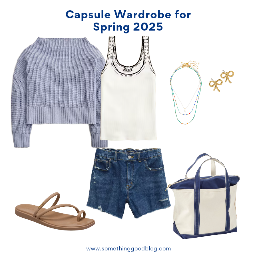 Summer Capsule Wardrobe 2025: Essentials You Need | Style Blog, @danaerinw, J.Crew Ribbed funnelneck sweater in linen-cotton blend, J.Crew Vintage rib tank with contrast stitch, Aerie Daydream Denim Short, Crocs Miami Toe Loop Sandal, Lands End Boat and Tote, Zip-Top, Madewell Metal Mini Bow Stud Earrings, J.Crew Beaded necklaces set-of-three,