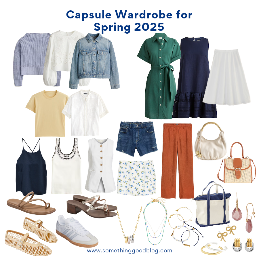 Summer Capsule Wardrobe 2025: Essentials You Need | Style Blog, H&M DENIM JACKET, J.Crew funnelneck sweater, J.Crew Factory Linen-blend shirtdress, Maxine ruffle-trim dress, H&M EYELET- BLOUSE, Everlane Box-Cut Tee, Uniqlo Crepe Camisole, OPEN EDIT Vest, Embroidered button-up shirt, rib tank contrast stitch, Gap Maxi Skirt, Old Navy Linen Mini Skort, Aerie Daydream Denim Short, Stratus satin, Crocs Toe Loop Sandal, Mary Jane Mesh Flats, ADIDAS Samba OG, J.Crew block-heel sandals, Lands End Boat and Tote, Raffia Crossbody Bag, Madewell Camren Bag, Madewell Bow Earrings, Haven Mayhem Baby Knot Mixed, NORDSTROM Teardrop Stone Drop Earrings, Ana Luisa Charm Necklace Tyler, J.Crew Beaded necklaces, Madewell Bracelet Set