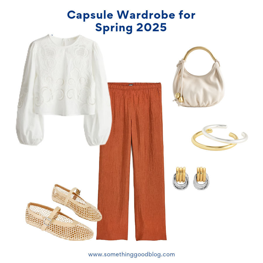 H&M EYELET-EMBROIDERED COTTON BLOUSE, J.Crew Stratus pant in textured satin, Mary Jane Mesh Ballet Flats, Madewell The Camren Mini Bag, Haven Mayhem Baby Knot Mixed, Madewell Two-Pack Mixed-Metal Cuff Bracelet Set