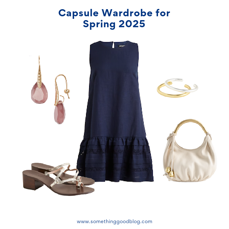 J.Crew Maxine ruffle-trim dress in linen, J.Crew Toe-ring block-heel sandals in metallic leather, Madewell The Camren Mini Bag, NORDSTROM Teardrop Semiprecious Stone Drop Earrings, Madewell Two-Pack Mixed-Metal Cuff Bracelet Set