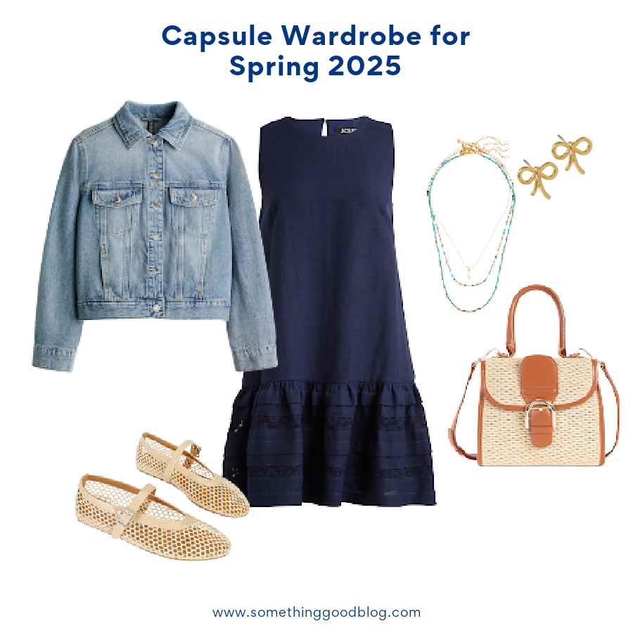 H&M DENIM JACKET, J.Crew Maxine ruffle-trim dress in linen, Mary Jane Mesh Ballet Flats, Raffia Straw Woven Crossbody Bag, Madewell Metal Mini Bow Stud Earrings, J.Crew Beaded necklaces set-of-three