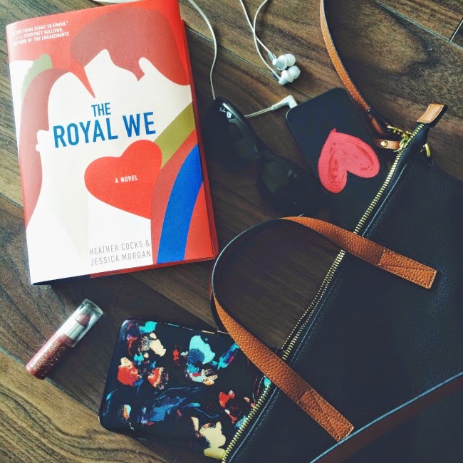 the royal we book, a purse with things falling out of a it, a heart phone case, a floral wallet
