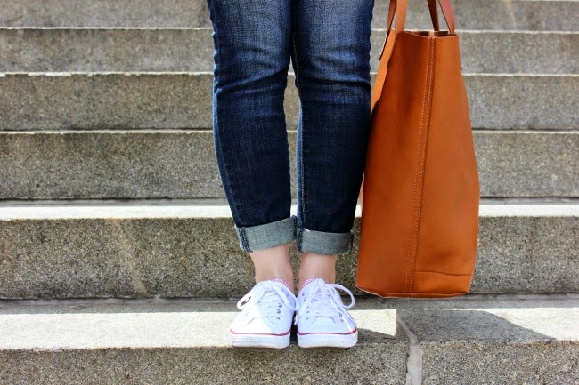 Transport Tote Madewell  review, jeans, and converse sneakers