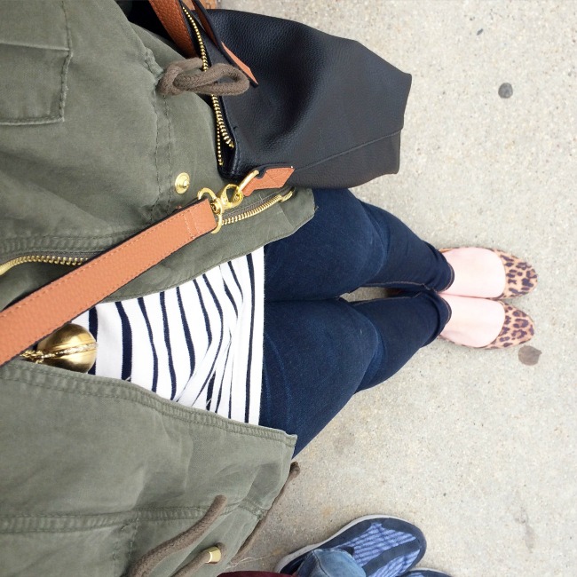 skinny jeans, old navy, crossbody bag, utility jacket, leopard flats