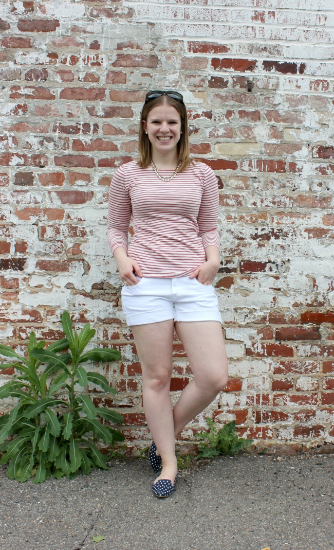 j.crew, boatneck stripes, boat neck stripes, painter tee, red stripes, white shorts