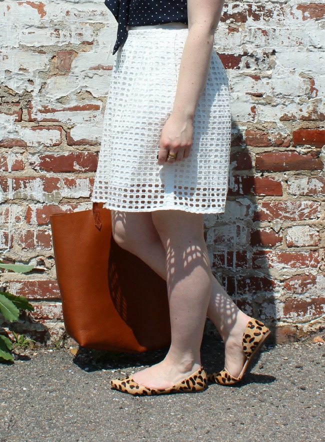 polka dot, tie bow, eyelet skirt, loft eyelet skirt, leopard flats, madewell tote, transport tote