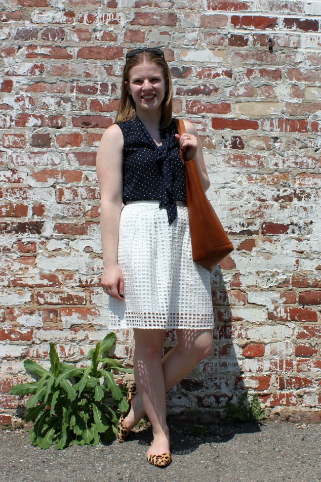 polka dot, tie bow, eyelet skirt, loft eyelet skirt, leopard flats, madewell tote, transport tote