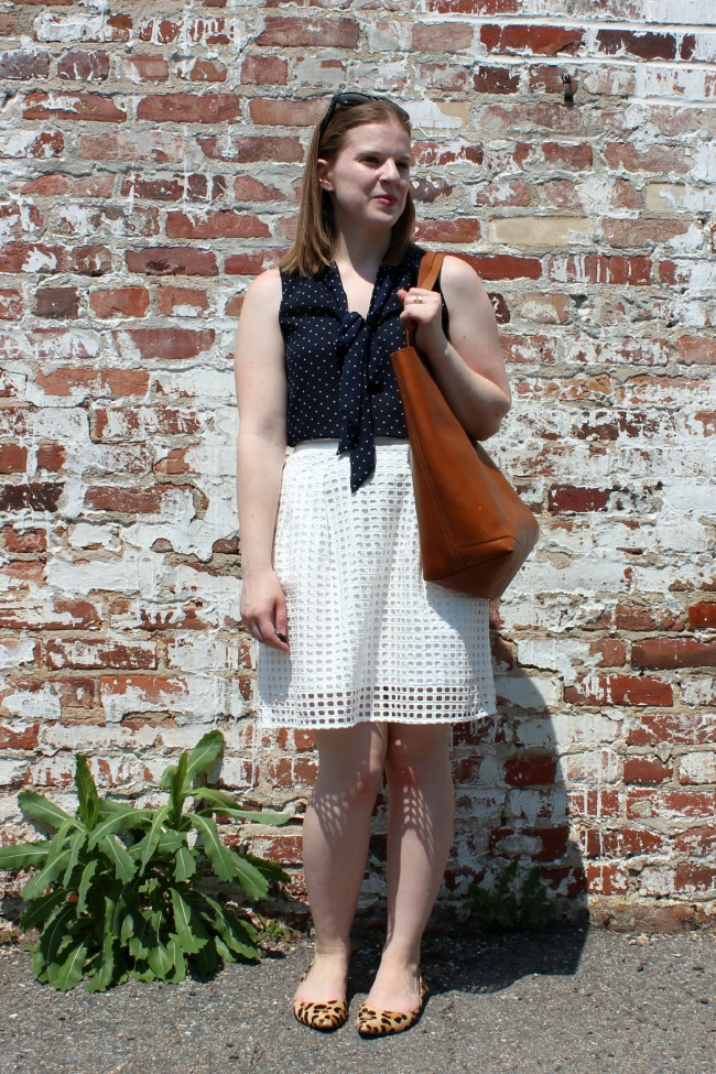 polka dot, tie bow, eyelet skirt, loft eyelet skirt, leopard flats, madewell tote, transport tote