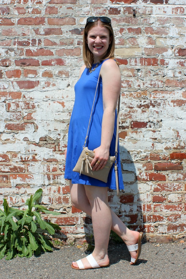 swing dress, nordstrom dress, slide sandals, banded sandals, crossbody bag