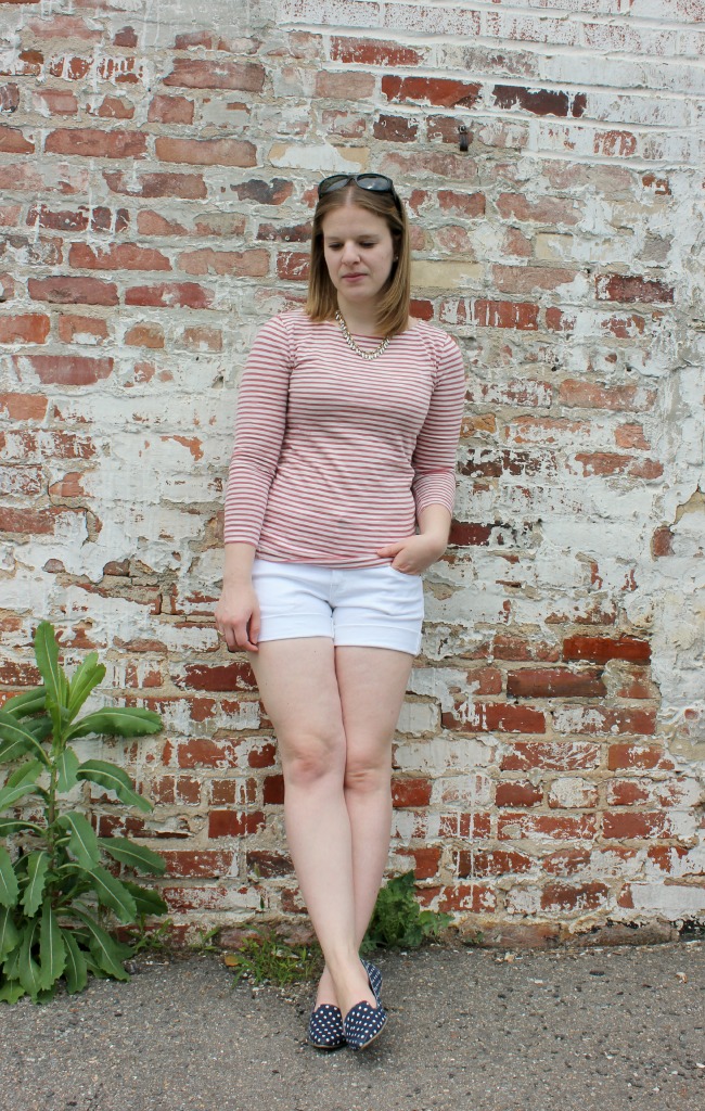 j.crew, boatneck stripes, boat neck stripes, painter tee, red stripes, white shorts