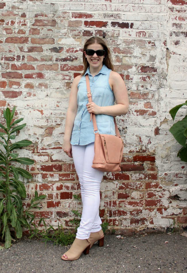 sleeveless chambray, target does it again, white denim, white jeans, peep toe booties, ray-ban, sunglasses, corssbody bag