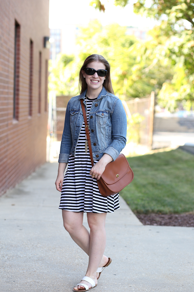 striped dress, swing dress, old navy, saddle bag, coach classic band, slide sandals, jean jacket, denim jacket, kendra scott necklace, rayne