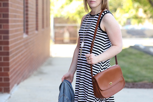 striped dress, swing dress, old navy, saddle bag, coach classic band, slide sandals, jean jacket, denim jacket, kendra scott necklace, rayne