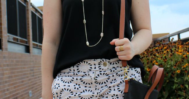 j.crew factory shorts, printed shorts, racer back tank, black tank, kendra scott necklace, crossbody bag, slide sandals, madewell ring, fashion, women, outfit