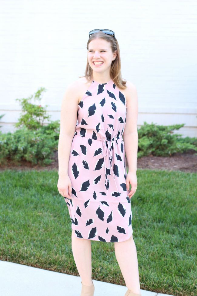 loft midi dress, floral midi, pink midi dress, halter dress, peep toe booties, steve madden booties, rayban, sunglasses