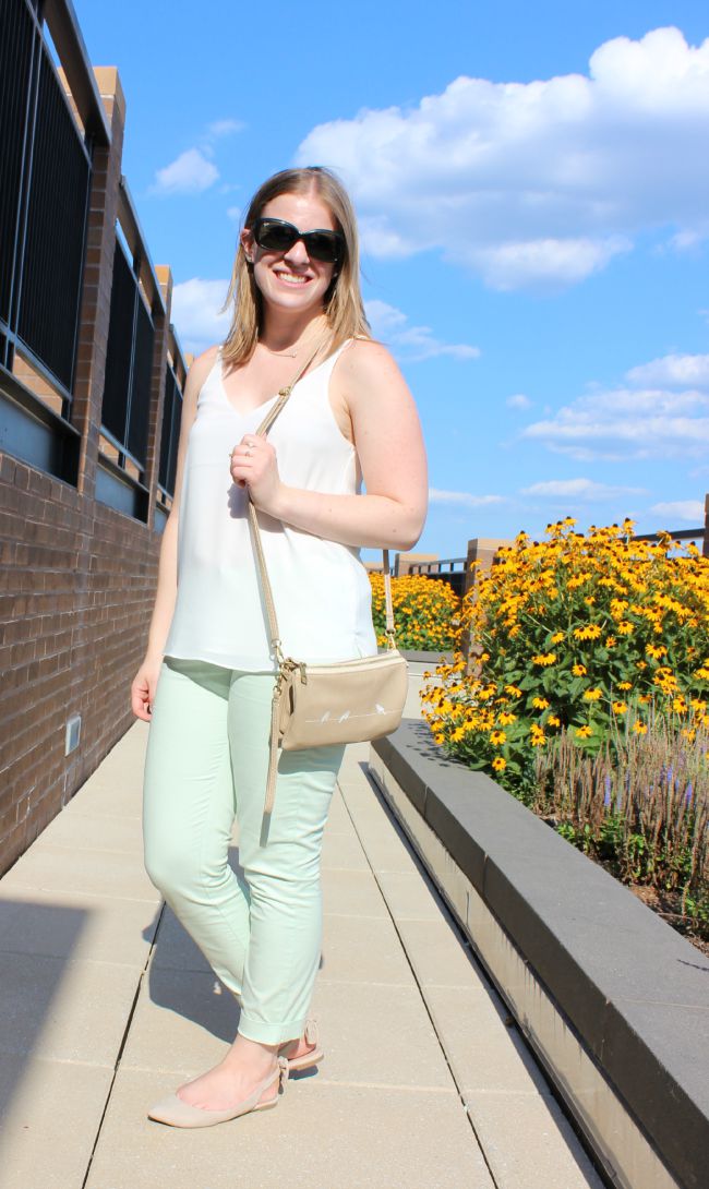 mint pants, work pants, topshop tank, topshop strappy tank, sling back flats, bow flats, crossbody bag, sunglasses, outfits, womens