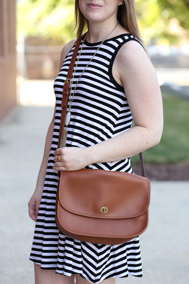 striped dress, swing dress, old navy, saddle bag, coach classic band, slide sandals, jean jacket, denim jacket, kendra scott necklace, rayne