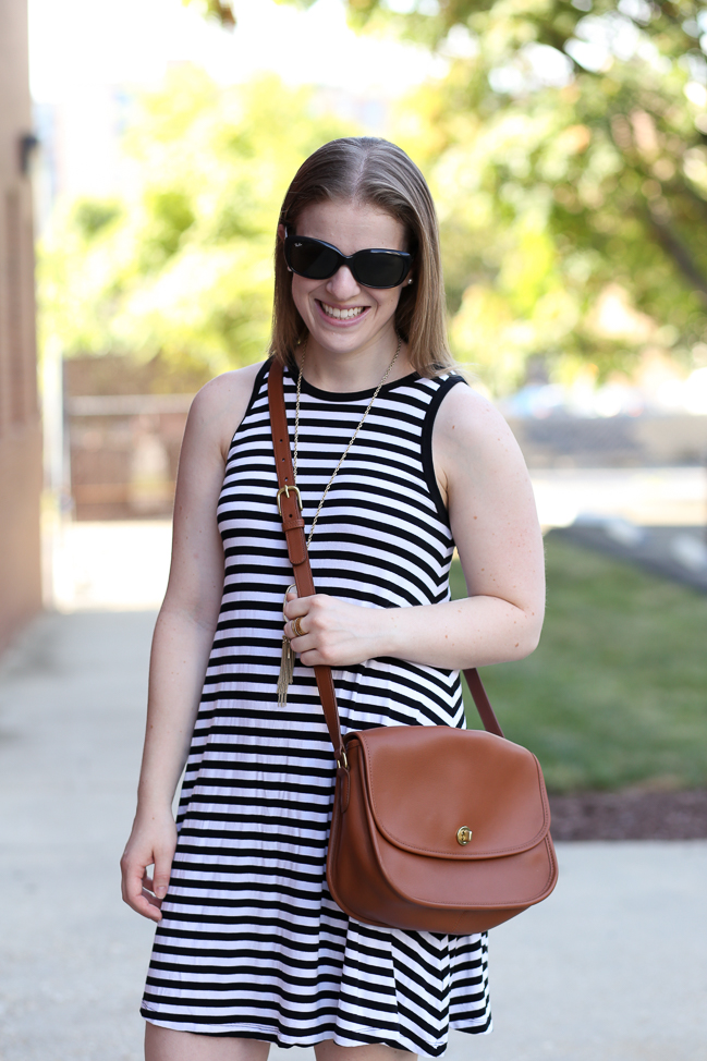 striped dress, swing dress, old navy, saddle bag, coach classic band, slide sandals, jean jacket, denim jacket, kendra scott necklace, rayne