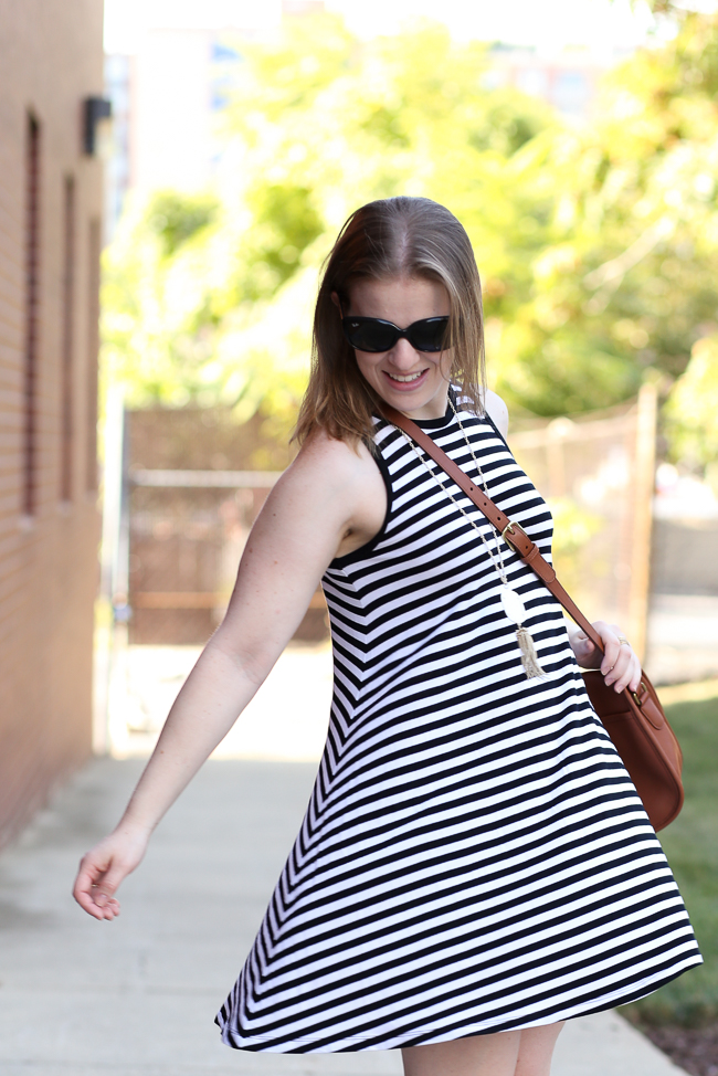 striped dress, swing dress, old navy, saddle bag, coach classic band, slide sandals, jean jacket, denim jacket, kendra scott necklace, rayne