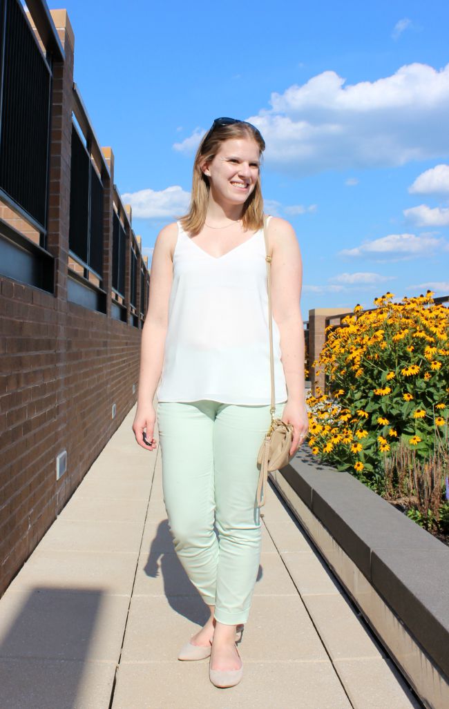 mint pants, work pants, topshop tank, topshop strappy tank, sling back flats, bow flats, crossbody bag, sunglasses, outfits, womens