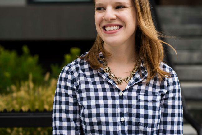 gingham, button down, womens, fashion, style, fall, outfit, j.crew factory, madewell skirt, rockport #dailyadventure