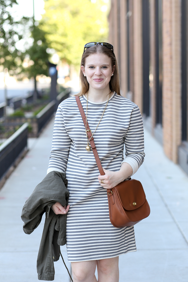 utility jacket, field jacket, old navy jacket, topshop striped sweater dress, converse, saddle bag