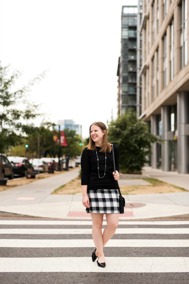 plaid skirt, treasure and bond, women fashion, outfit, style, black crew neck sweater, crossbody bag, vera bradley, sling back flats, fall outfits