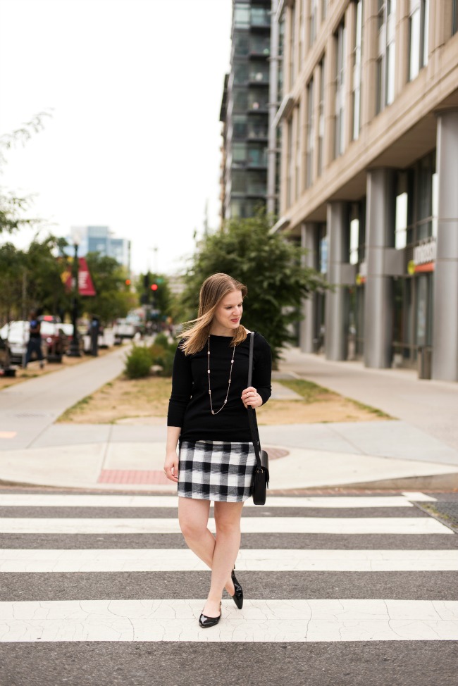 dc woman blogger in buffalo print skirt, Fall Business Casual Outfits | Something Good | A DC Style and Lifestyle Blog on a Budget