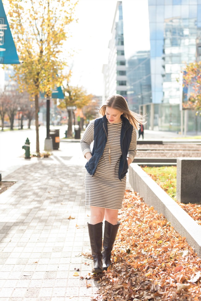 Fall Fashion Buying Guide, dc woman blogger wearing striped sweater dress