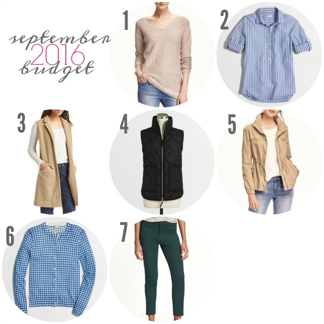 September 2016 Budget | Something Good, old navy pixie pants, j.crew factory vest, old navy field jacket, gap vest, old navy sweater, j.crew popover, j.crew cardigan