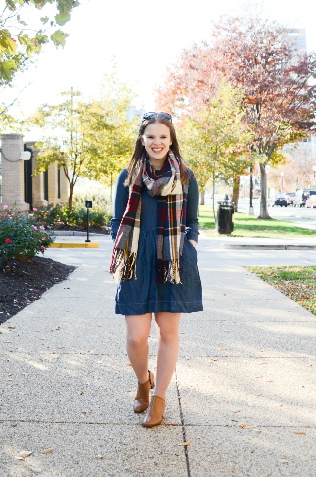 The Denim Dress (Part 2) | Something Good, denim a-line dress, abercrombie and ftich, chambray dress, fall fashion, thanksgiving outfit, holiday outfit, fashion, style, women's fashion, cognac ankle boots, clothes, dress, plaid scarf
